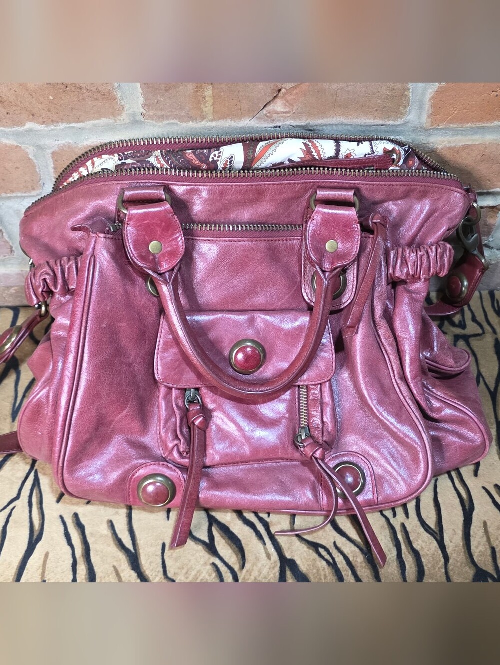 Kate Landry Maroon Burgundy Leather Satchel Shoulder Bag Paisley 15" EUC